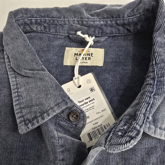New Marine Layer Lightweight Corduroy Button Up Shirt Indigo XL - Picture 2 of 5